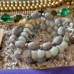 Gray and White Beaded Stretch Bracelet Set - Women Jewelry